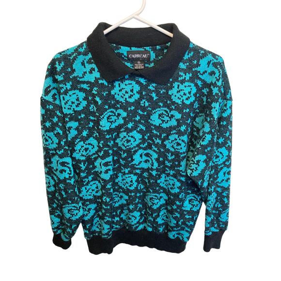 Carreau 80's Vintage Blue Floral Collared 80’s Long Sleeve Sweater Size Medium - Picture 1 of 8